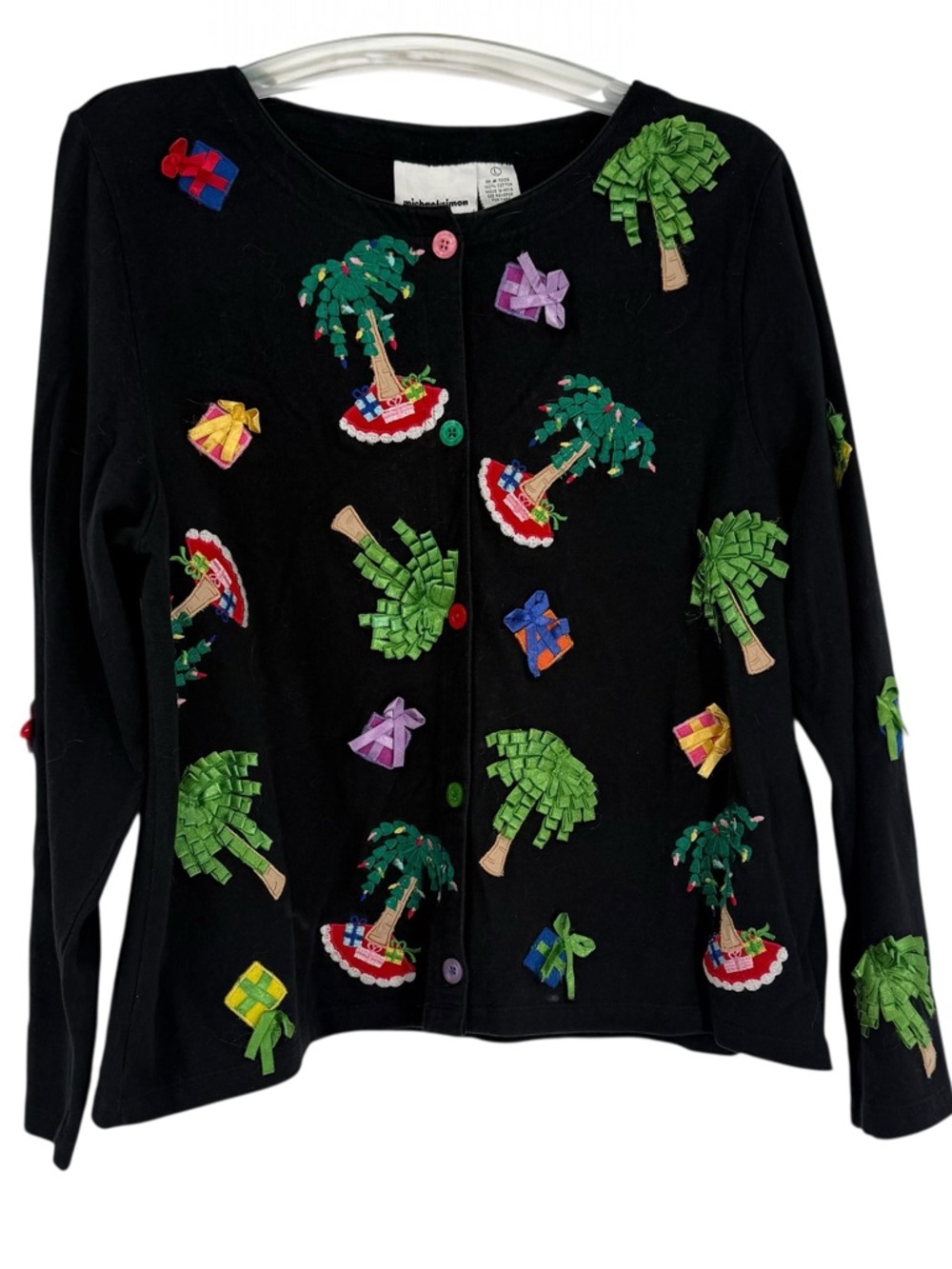 Michael Simon Light Cardigan Womens Size L Embroidered Tropical Christmas Button